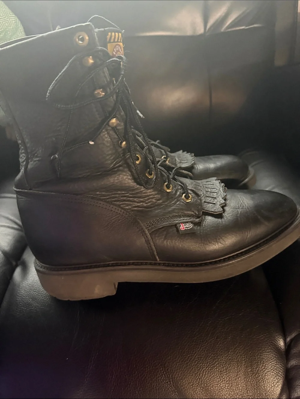 Justin Boots Black Leather Lace-Up Work Boots with Kiltie Fringe
